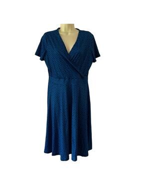 MSBasic Blue & Black Print Knit Dress Womans Size Large Surplice Lightweight